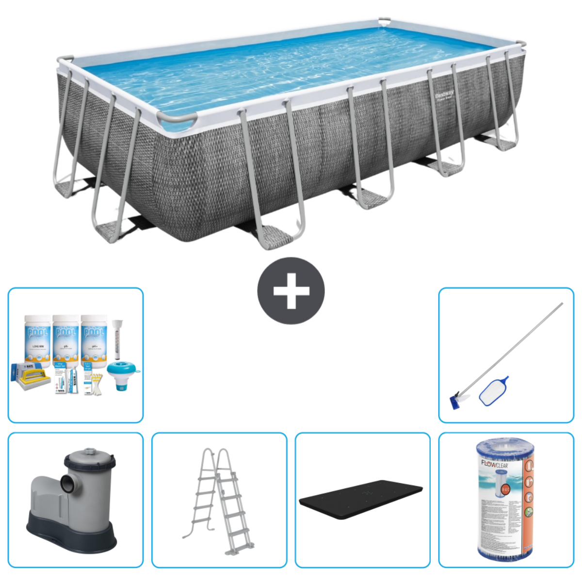 Grijs Bestway zwembad met accessoires. Inclusief filter, chemicaliën, ladder en schoonmaaktools.