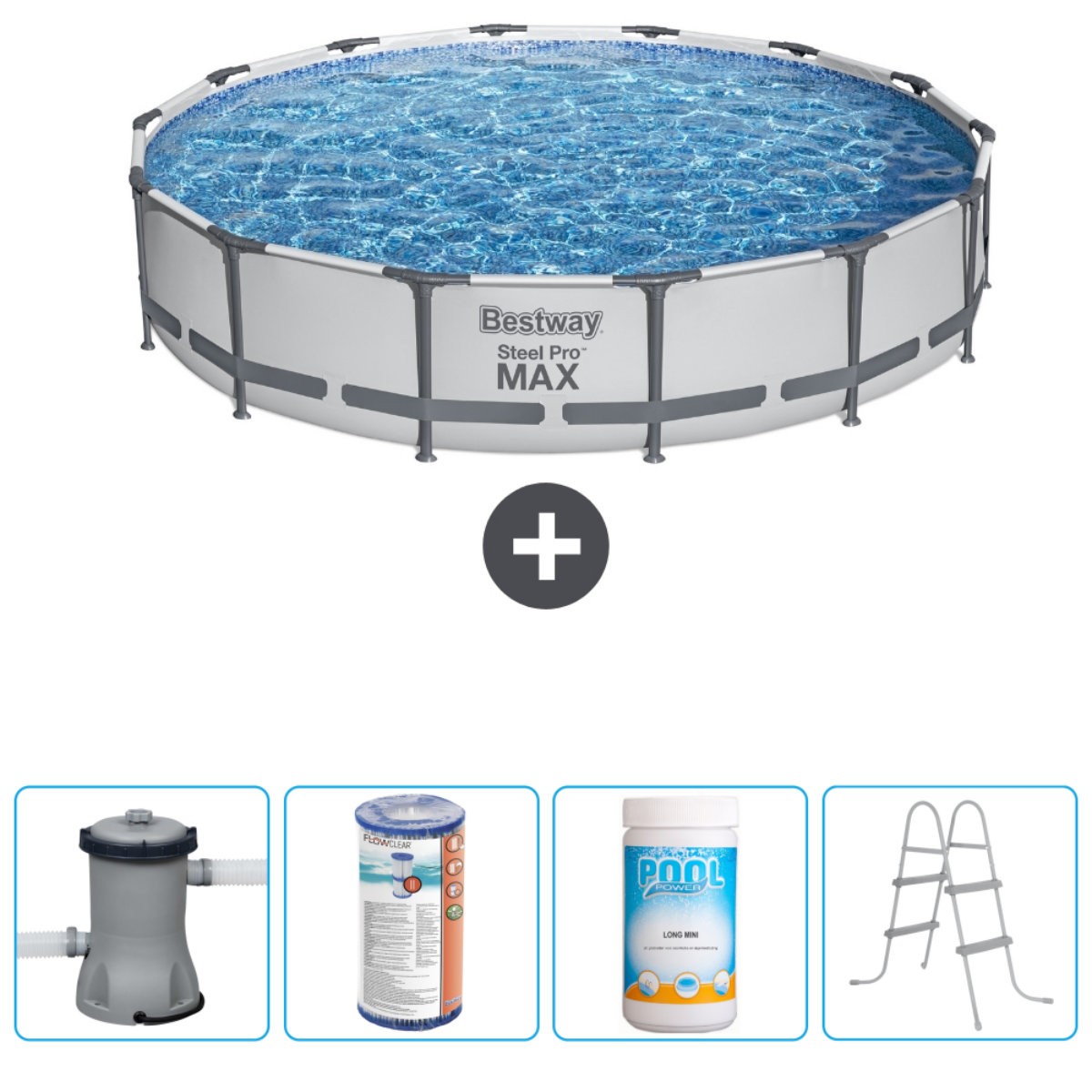 Piscine Bestway ronde avec accessoires : filtre, chlore et échelle.