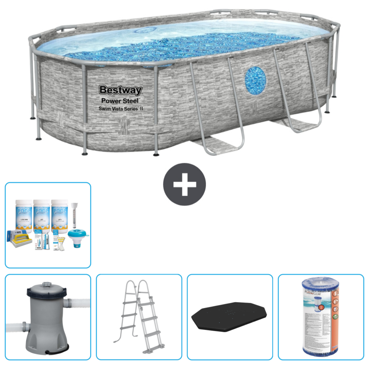 Piscine ovale Bestway avec eau, accessoires : produits chimiques, pompe, échelle, tapis et filtre.