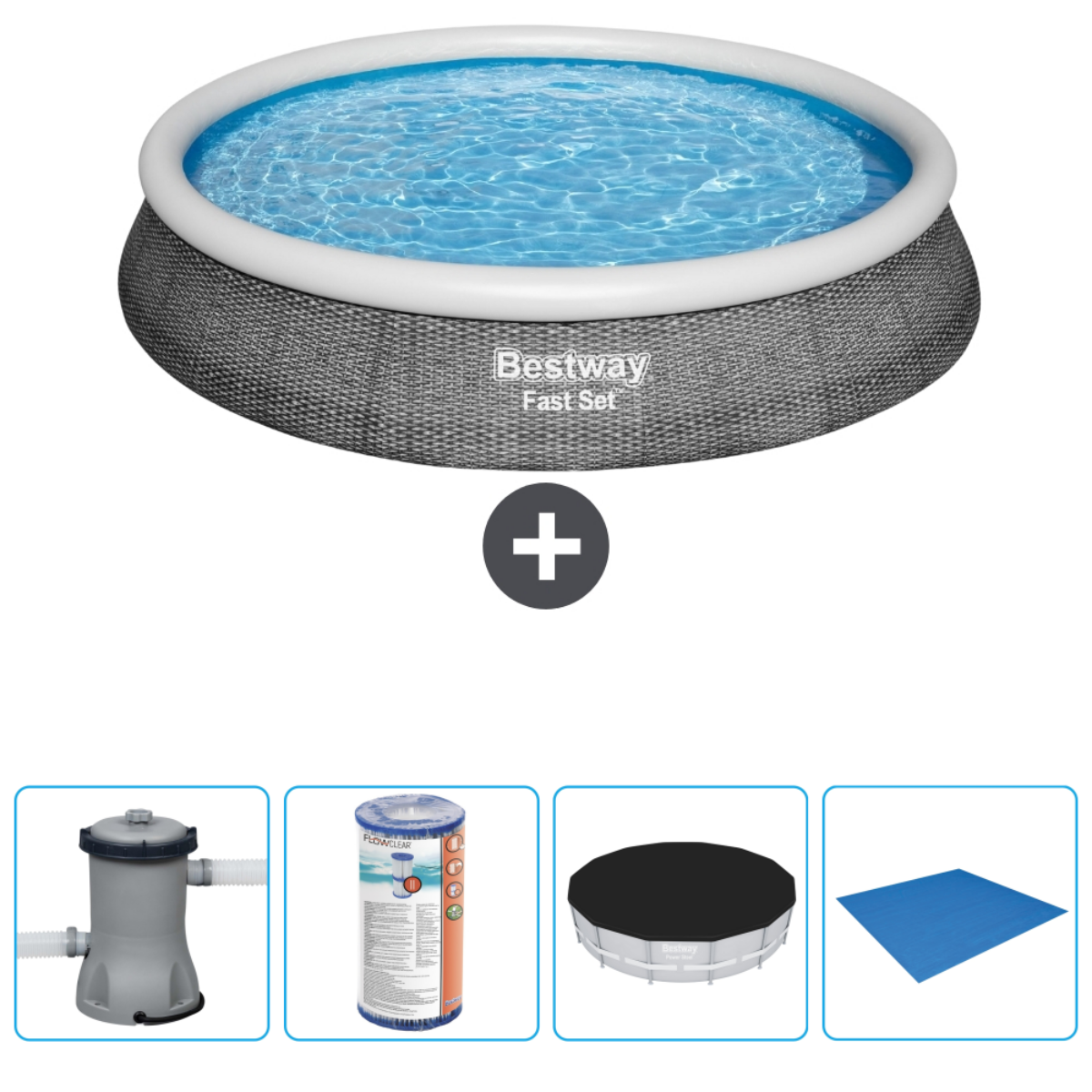 Ensemble piscine : Piscine grise avec eau, accessoires : filtre, produits chimiques, couverture et tapis.
