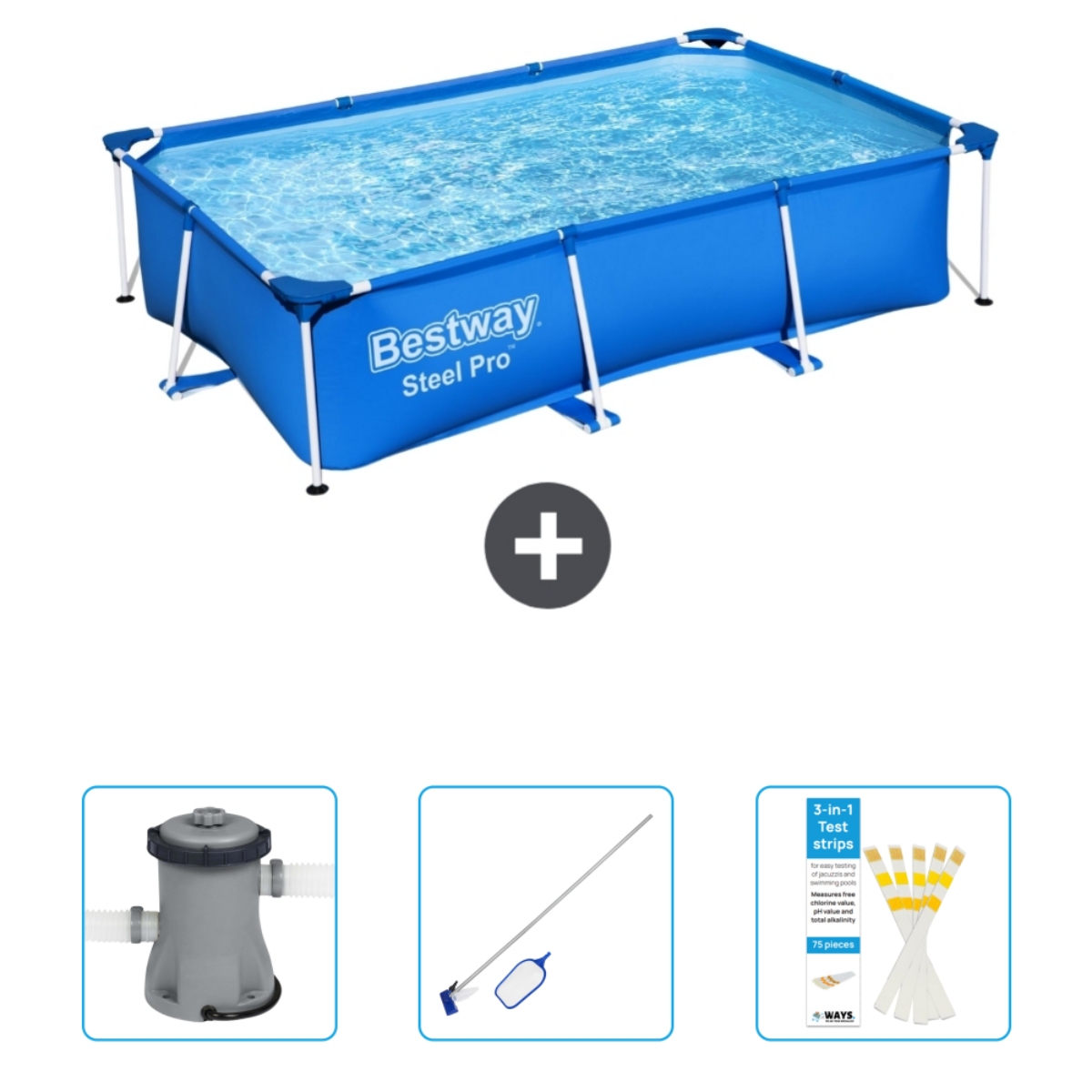 Rechthoekig blauw zwembad met accessoires: pomp, skimmer en teststrips.
