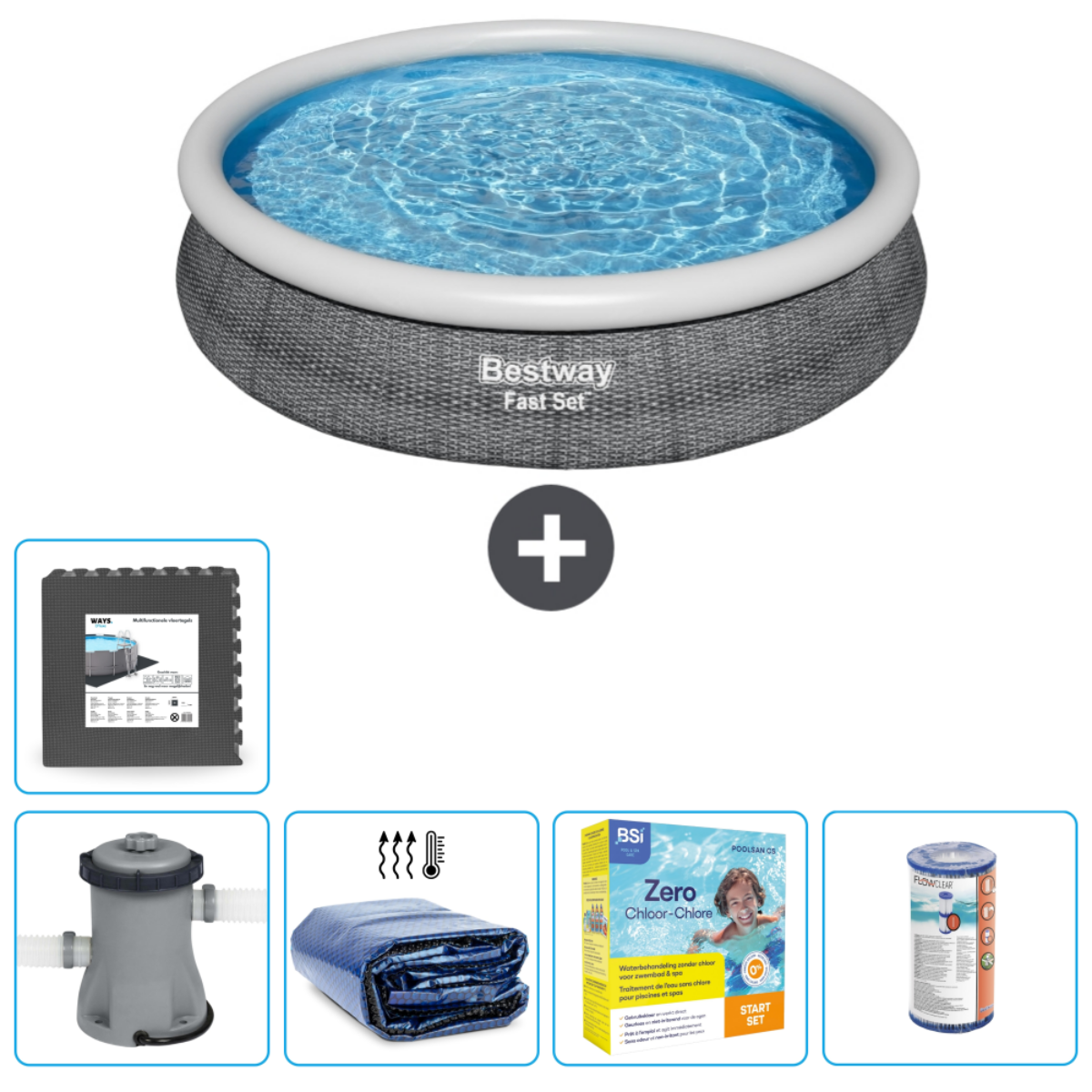 Au-dessus, une piscine ronde avec accessoires, dont une pompe, un tapis et des produits chimiques. Gris et bleu dominent.