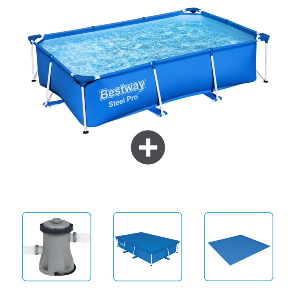 Piscine rectangulaire avec eau et accessoires. Étiquette Bestway Steel Pro. Couverture et produits chimiques visibles.