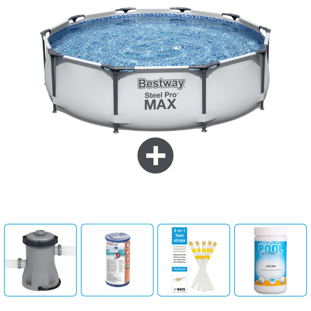 Opzetzwembad met accessoires. Inclusief pomp, filter, teststrips en chemicaliën.