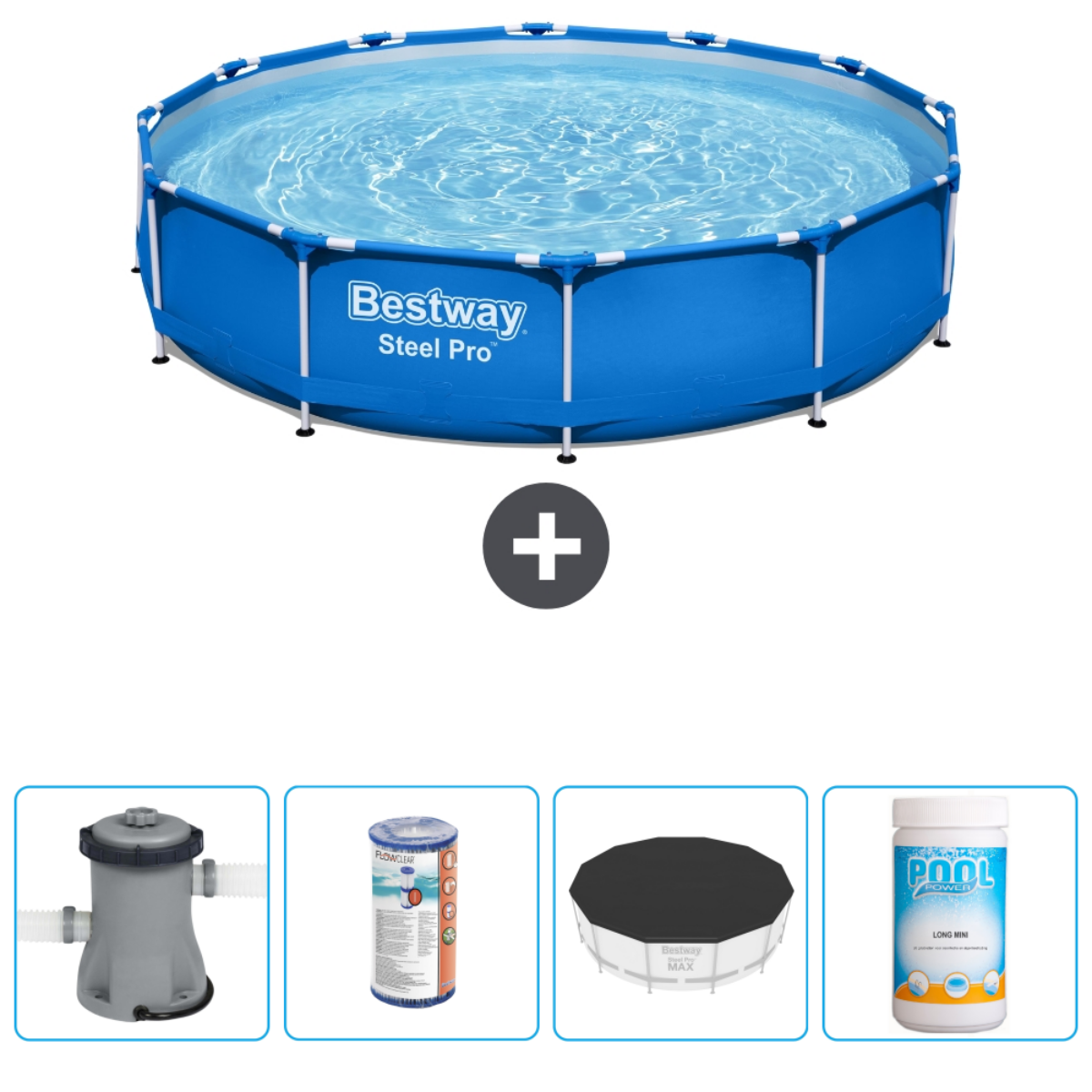 Een rond bovengronds zwembad met accessoires. Het zwembad is gevuld met water en heeft een blauw frame.