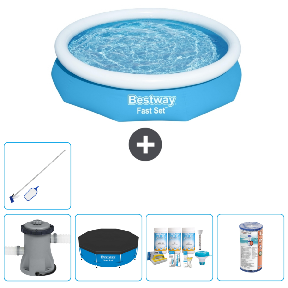 Piscine bleue Bestway Fast Set avec accessoires : filtre, produits, bâche, échelle, épuisette.