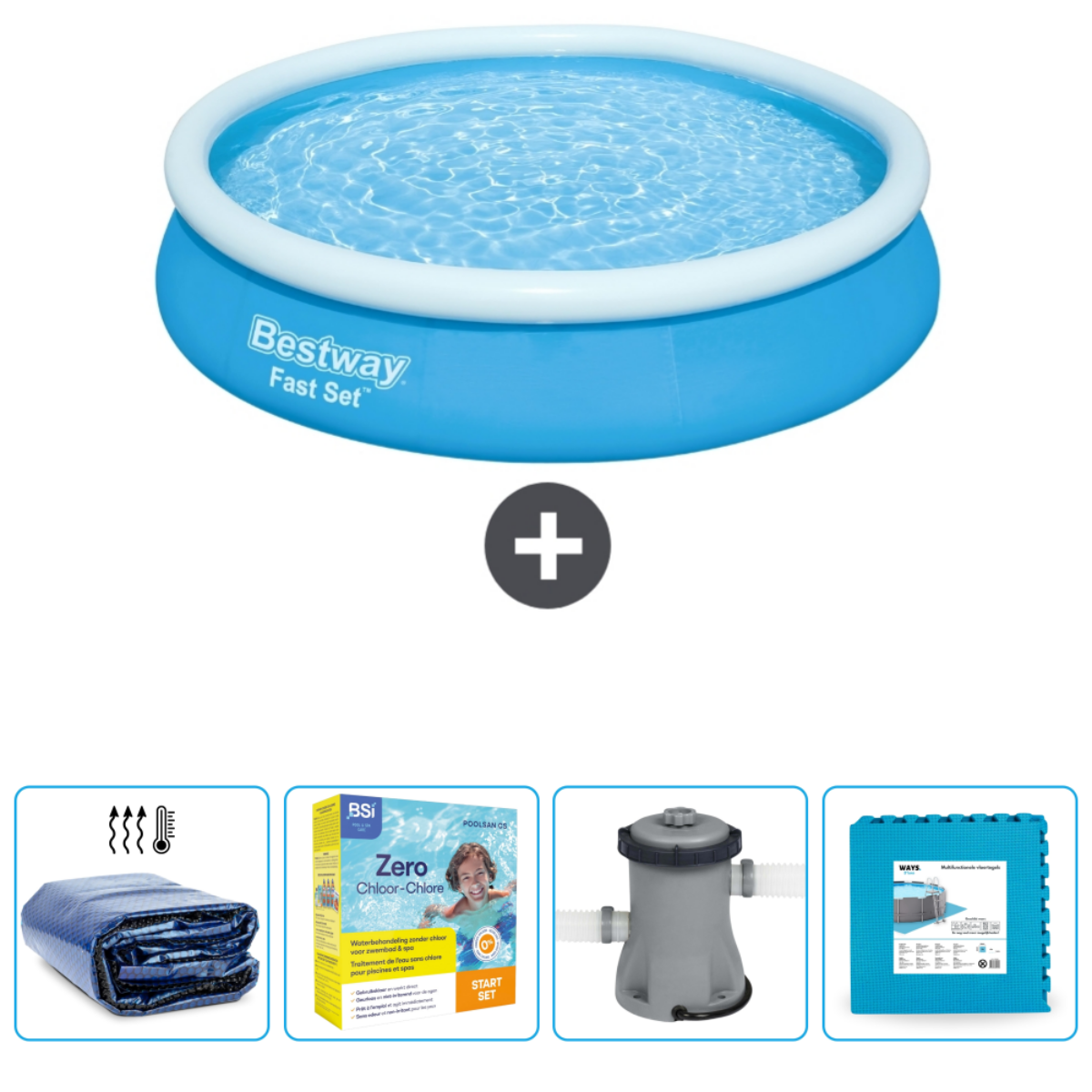 A blue round pool with accessories: cover, chemicals, pump, and a mat.