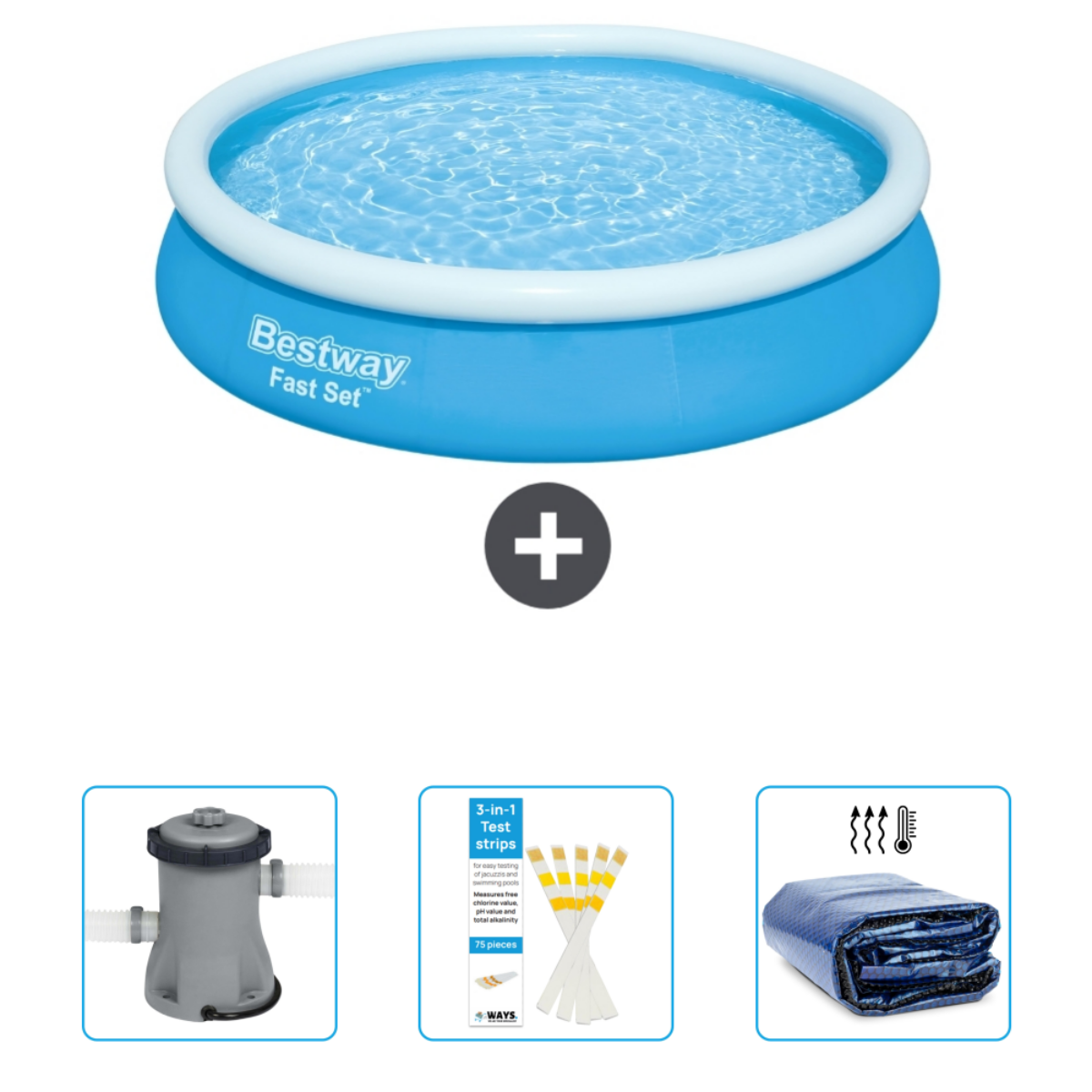 Piscine Bestway bleue ronde avec accessoires : filtre, épuisette, couverture, bandelettes.