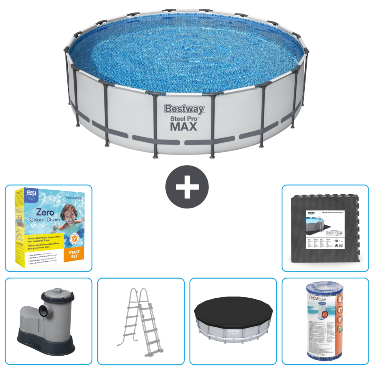 Rond Bestway Steel Pro Max zwembad met accessoires. Inclusief filter, ladder en chemicaliën.