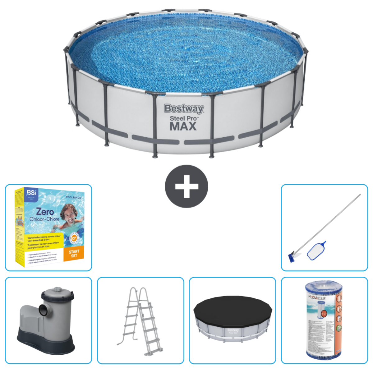 Wit omkaderd zwembad met blauw water. Inclusief chloor, skimmer, pomp, ladder en afdekking.