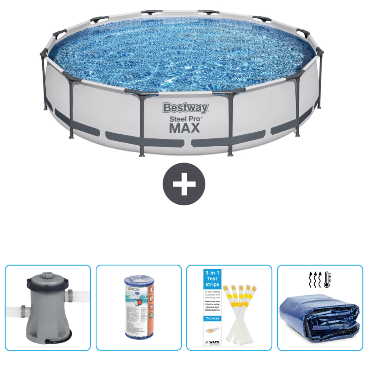 Rond Bestway zwembad met water, accessoires: pomp, filter, teststrips en afdekzeil.