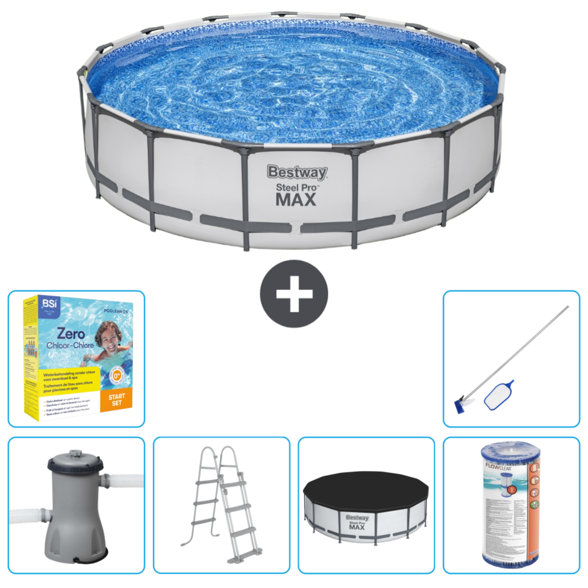 Ronde zwembad met water, accessoires. Bestway Steel Pro Max label. Ladder, afdekking en chemicaliën zichtbaar.