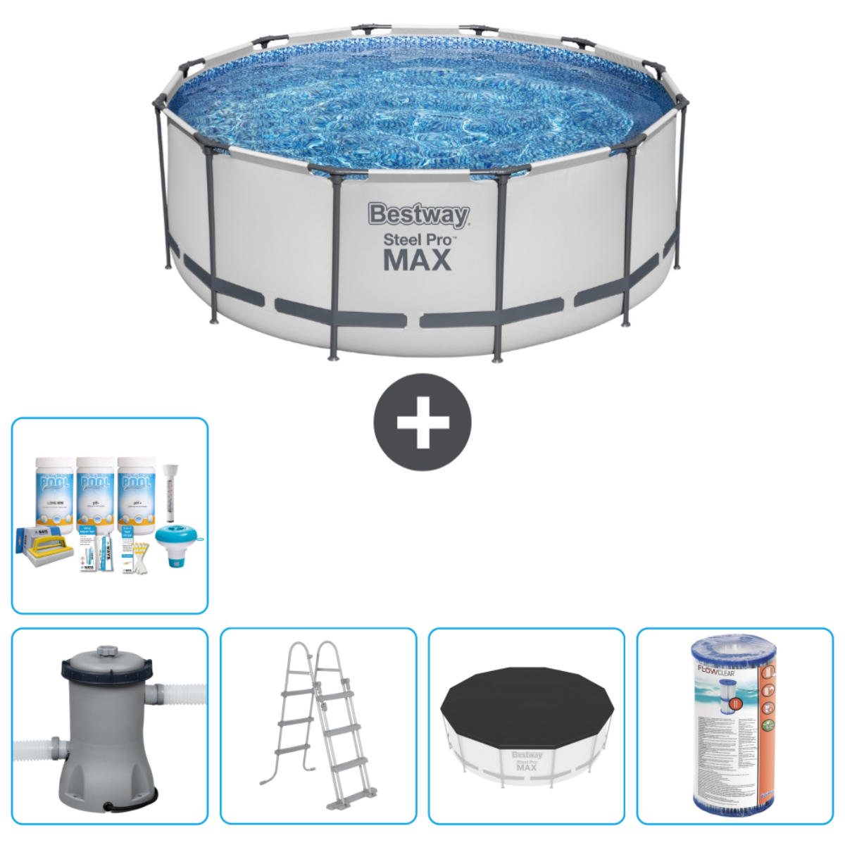 Ensemble piscine : Grande piscine ronde avec eau, accessoires : filtre, produits chimiques, échelle, couverture et tapis.