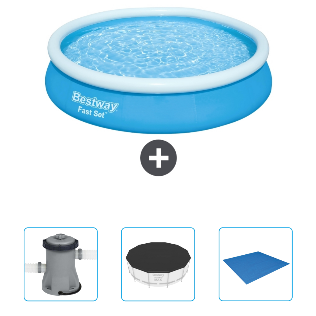 Blauw zwembad met accessoires: filter, afdekking en blauwe mat. Zwembad heeft water en Bestway Fast Set logo.