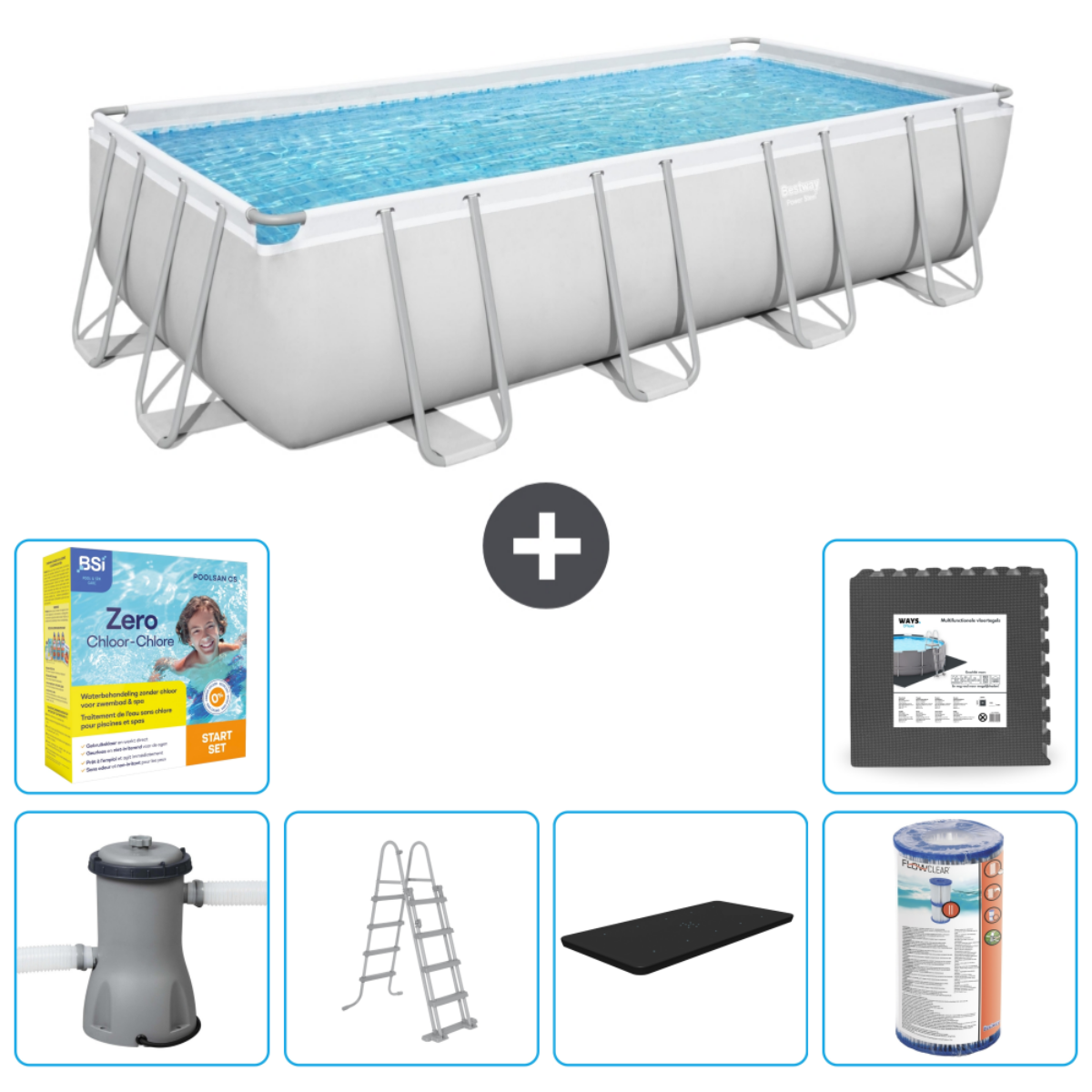 Rechthoekig zwembad met filter, ladder, mat en chemicaliën. Inclusief een startset.