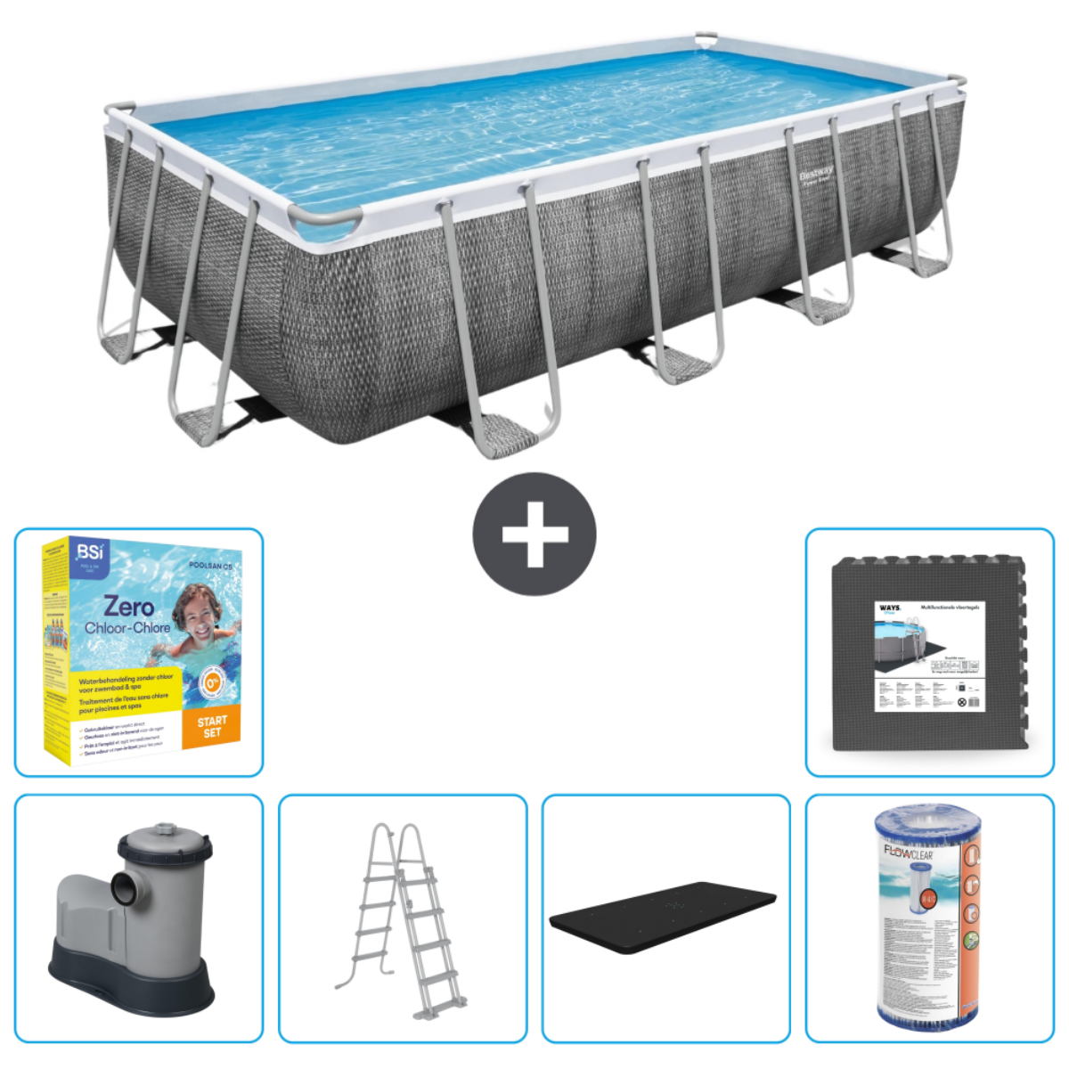 Grijs Bestway Steel Pro zwembad met accessoires: filter, chemie, ladder, mat en cover.
