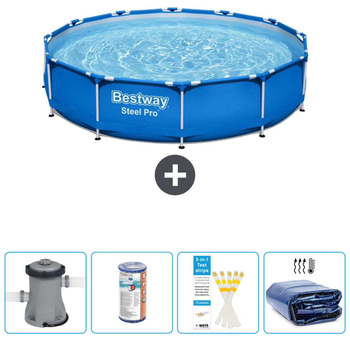 Blauw bovengronds zwembad met accessoires: pomp, chemicaliën, teststrips en afdekzeil.