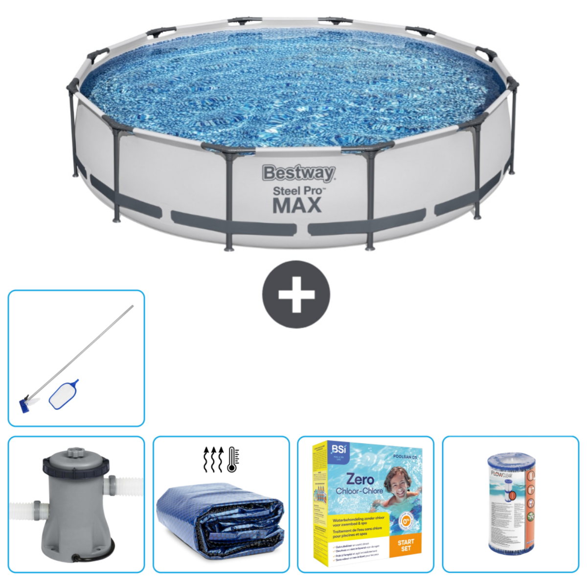 Ronde zwembad met water, accessoires. Bestway Steel Pro Max label. Afdekking, chemicaliën en net zichtbaar.