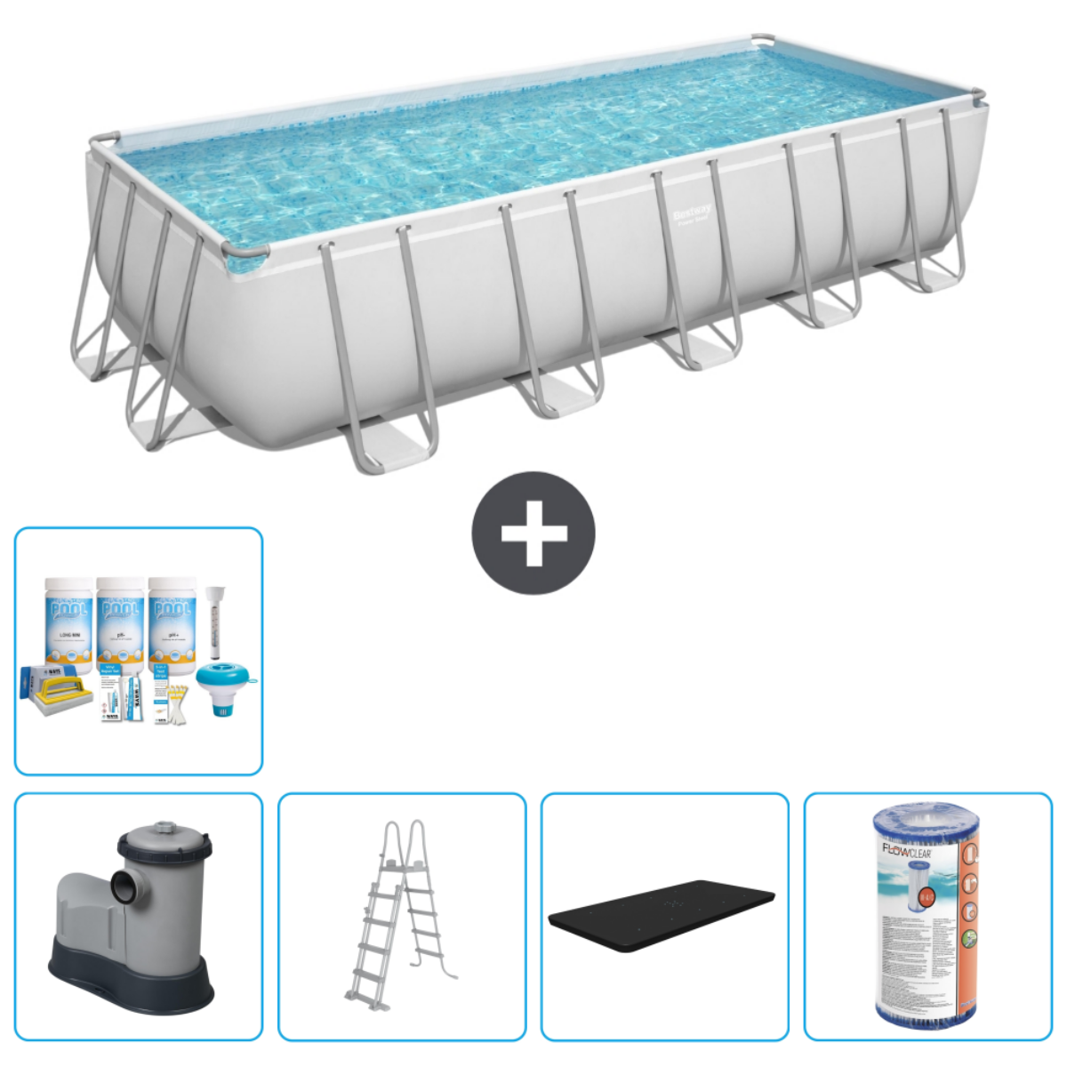 Wit rechthoekig zwembad met accessoires: filter, ladder, mat en chloor.