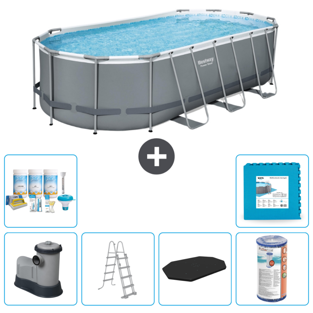 Piscine ovale avec accessoires : produits chimiques, tapis, pompe, échelle et bâche.