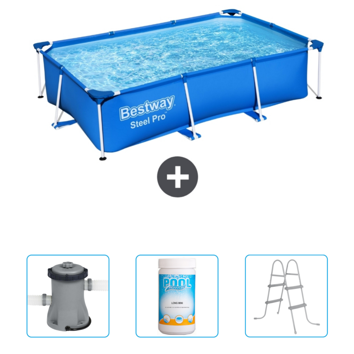 Piscine bleue Bestway Steel Pro avec accessoires : filtre, produits et échelle.