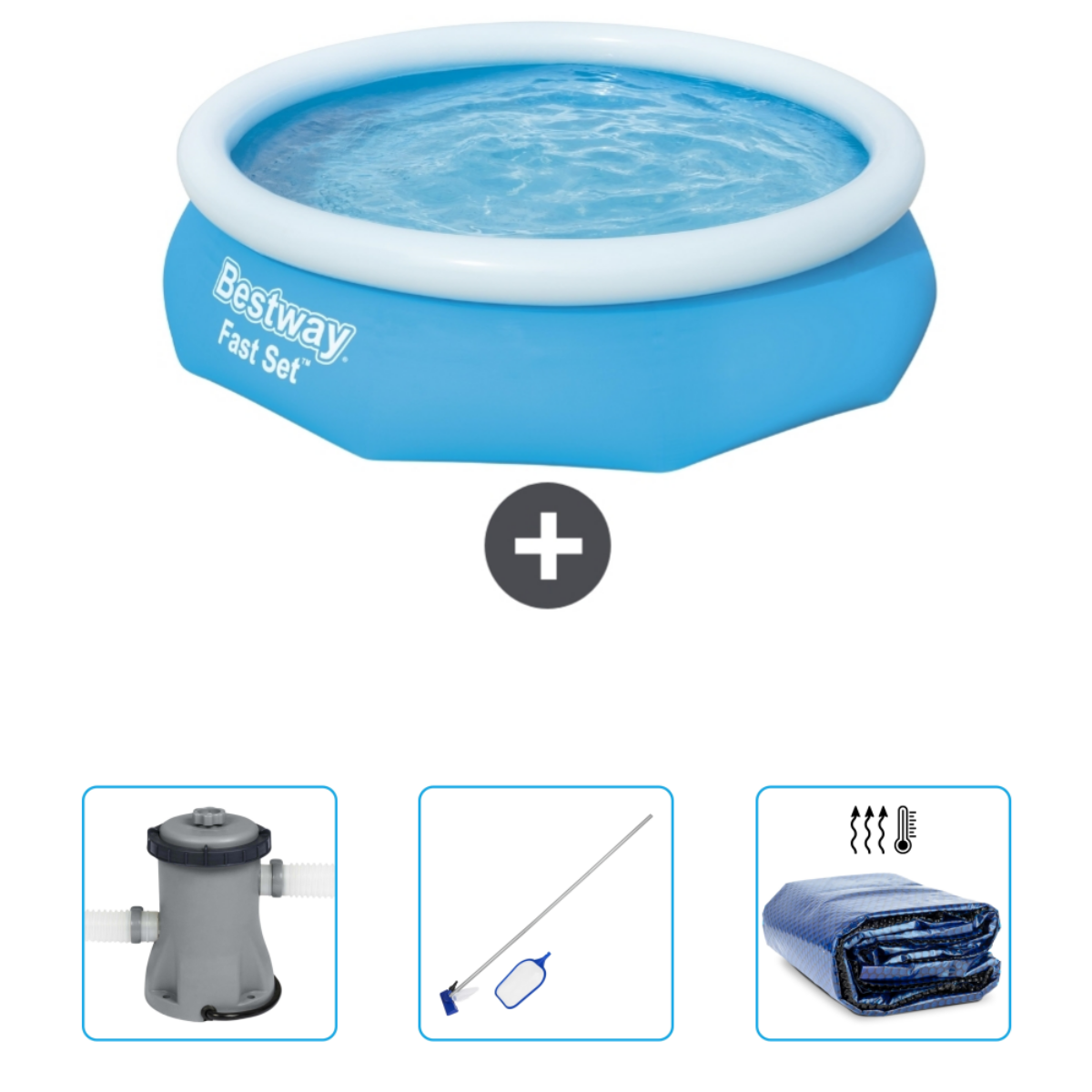Een blauw zwembad met accessoires, waaronder een pomp, net en een afdekking. Blauw en wit domineren de afbeelding.