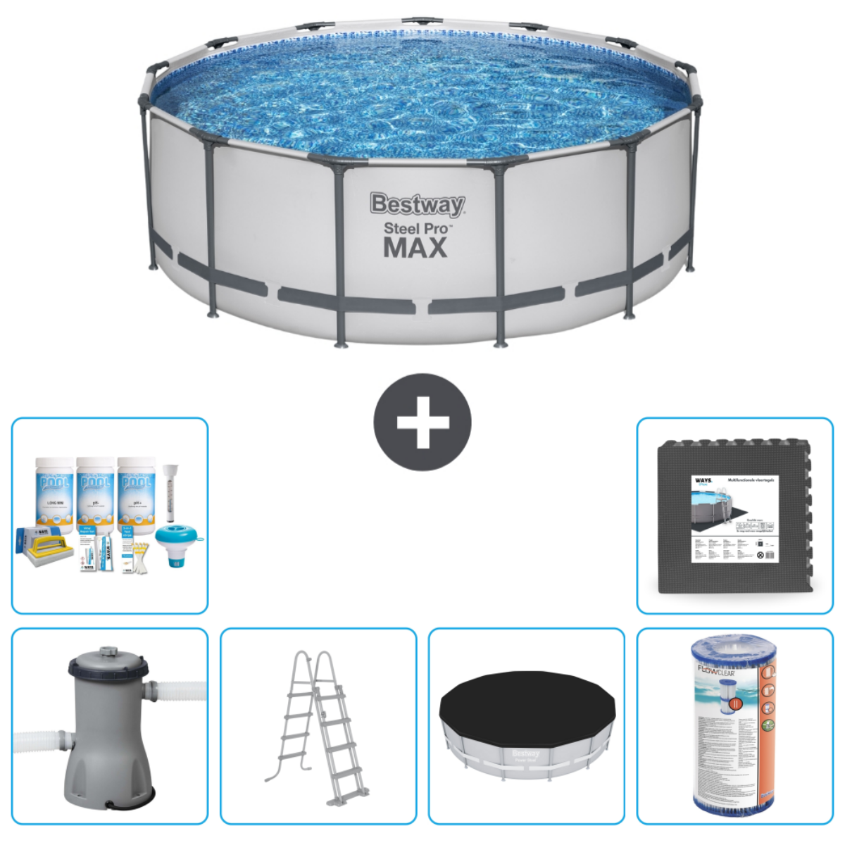 Rond zwembad met accessoires: filter, ladder, afdekzeil, chemicaliën en mat. Alles voor onderhoud.