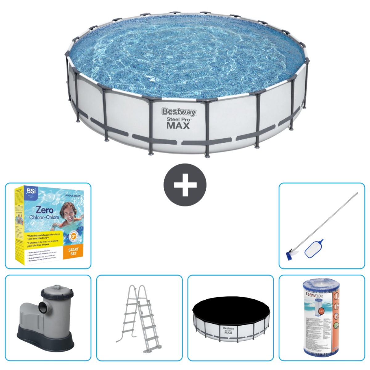 Rond Bestway zwembad met accessoires: filter, ladder, afdekzeil en chloor.