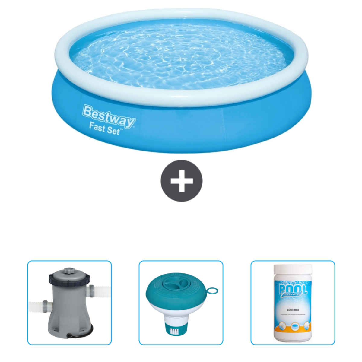 Blauw Bestway Fast Set zwembad met accessoires. Inclusief filter, floater en chemicaliën.