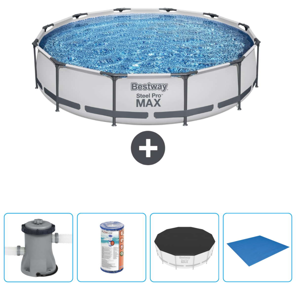 Piscine ronde avec filtre, produits chimiques, couverture et tapis. Piscine et accessoires inclus.