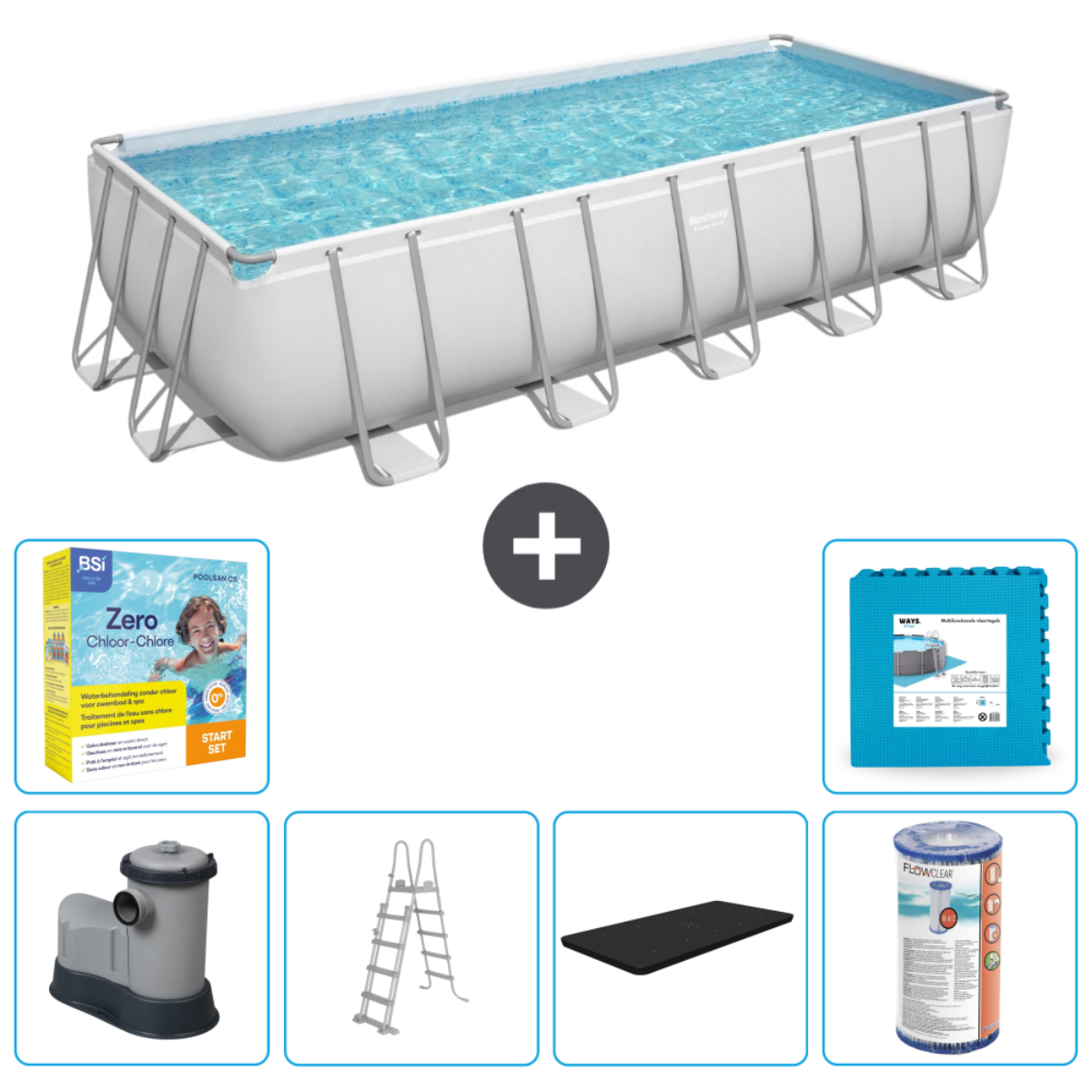 Piscine rectangulaire Bestway avec eau, accessoires : produits chimiques, échelle, tapis et filtre.
