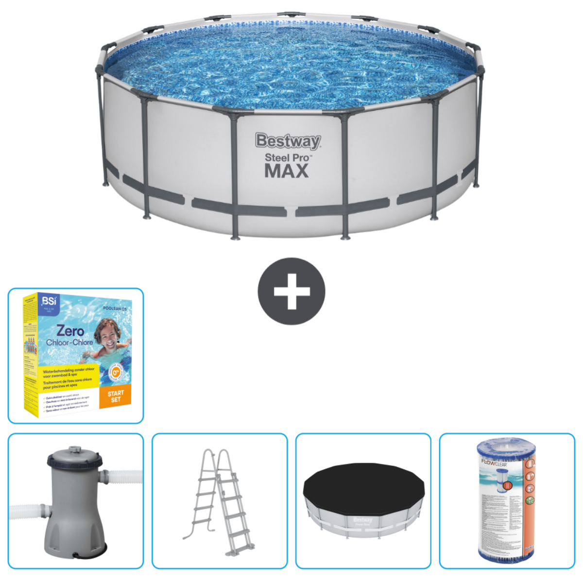 Zwembad met accessoires: filter, ladder, afdekking en chemicaliën. Zwembad heeft water en Bestway Steel Pro MAX logo.