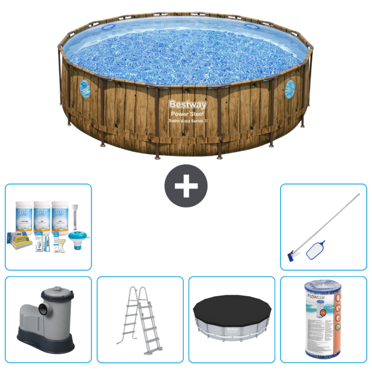 Zwembad met houtlook en accessoires: chemicaliën, net, pomp, ladder, afdekzeil en filter.