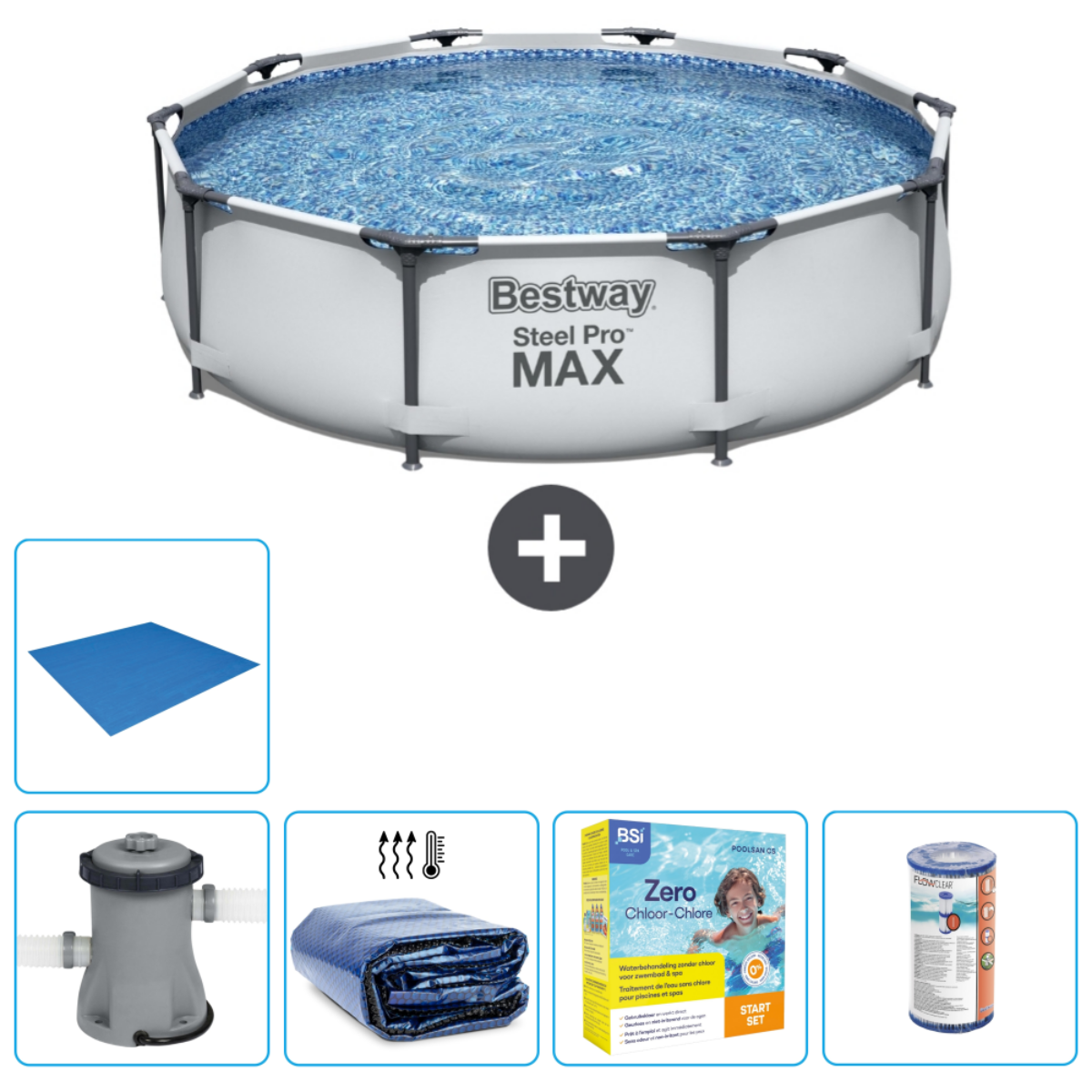 Blauw bovengronds zwembad en accessoires: mat, pomp, afdekzeil, chemicaliën en teststrips.