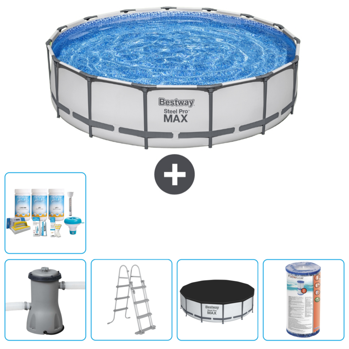 Ensemble piscine avec accessoires. Comprend piscine, kit de nettoyage, échelle, couverture et filtre.