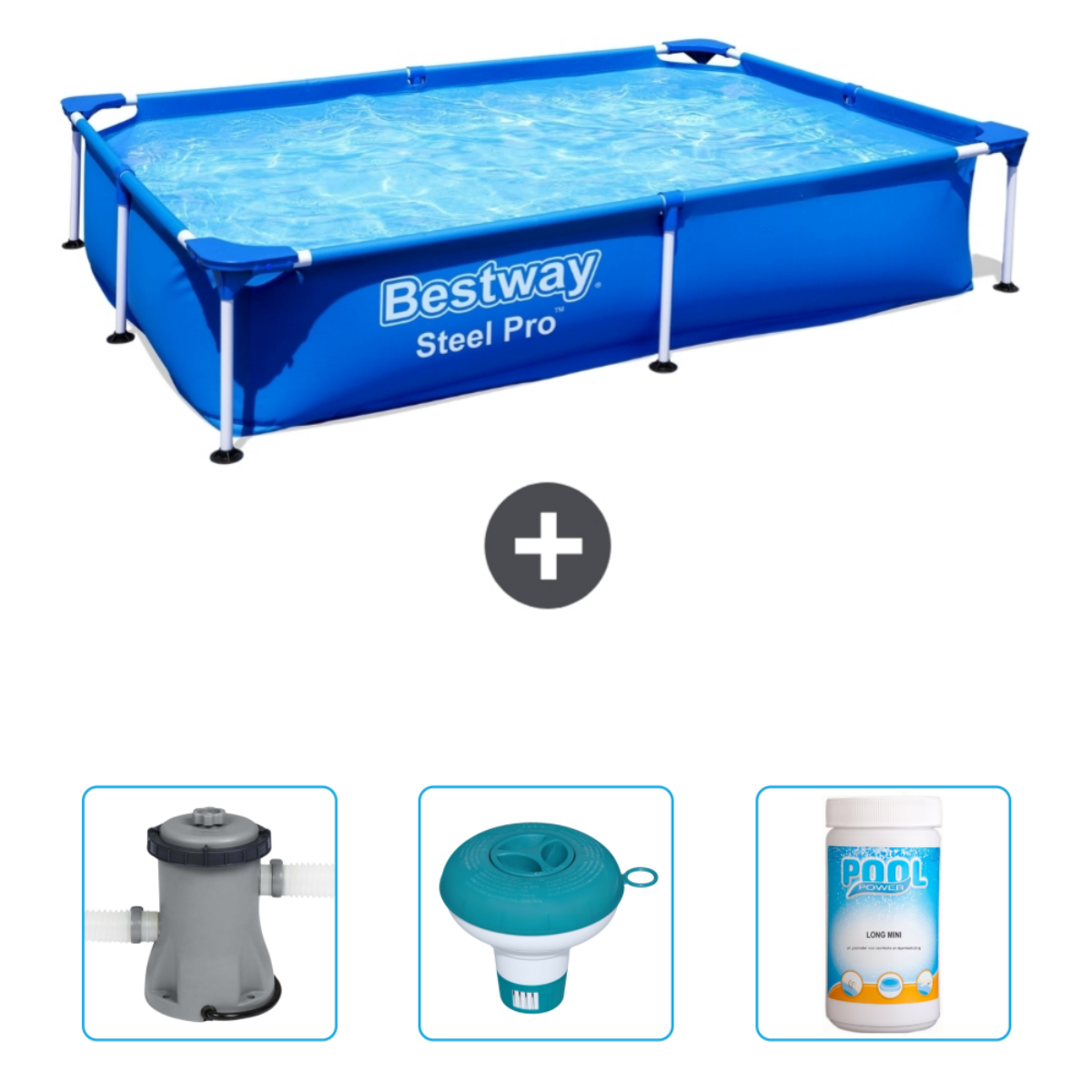 Blauw rechthoekig zwembad met accessoires: pomp, afdekzeil, chemicaliën en een drijvende dispenser. 'Bestway Steel Pro'.
