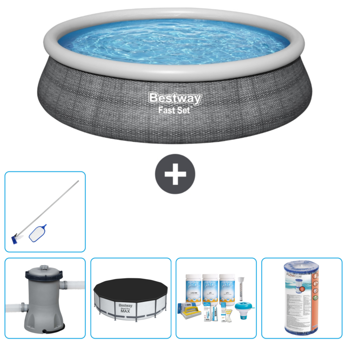 Boven, een ronde Bestway-pool met water. Onder, zwembadaccessoires zoals een net, filter en schoonmaaktools.