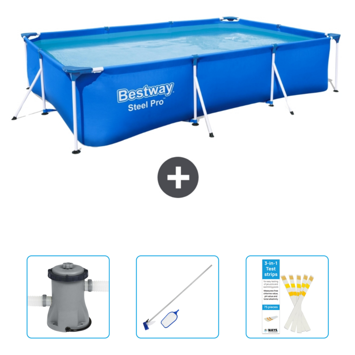 Rechthoekig blauw zwembad met accessoires: filter, skimmer en 3-in-1 teststrips voor waterkwaliteit.