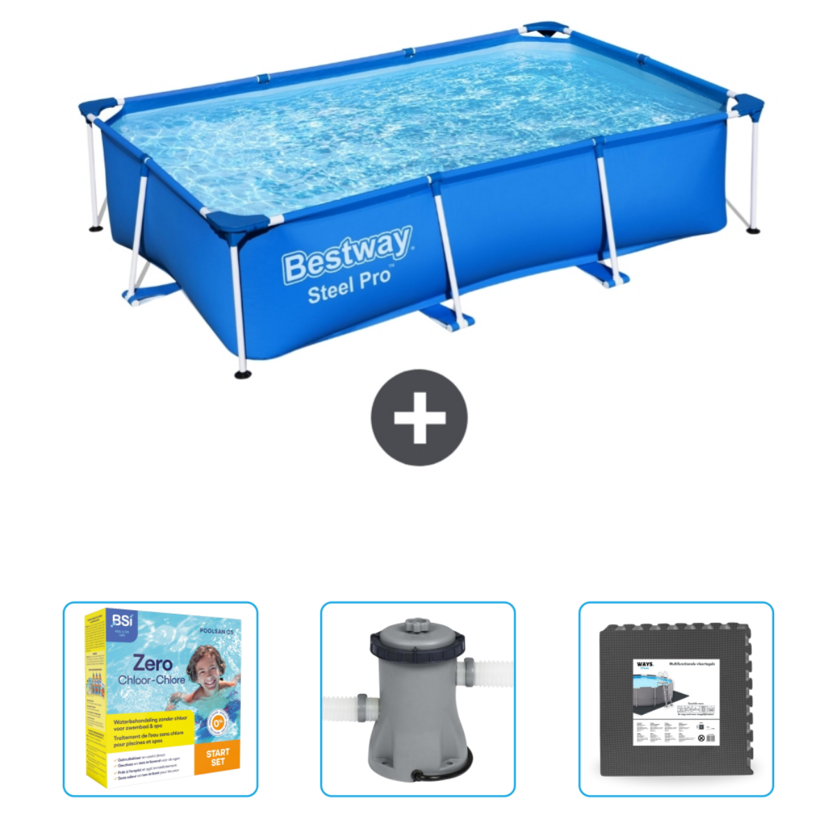 Blauw rechthoekig zwembad met accessoires. Inclusief chloor, pomp en vloermatten.