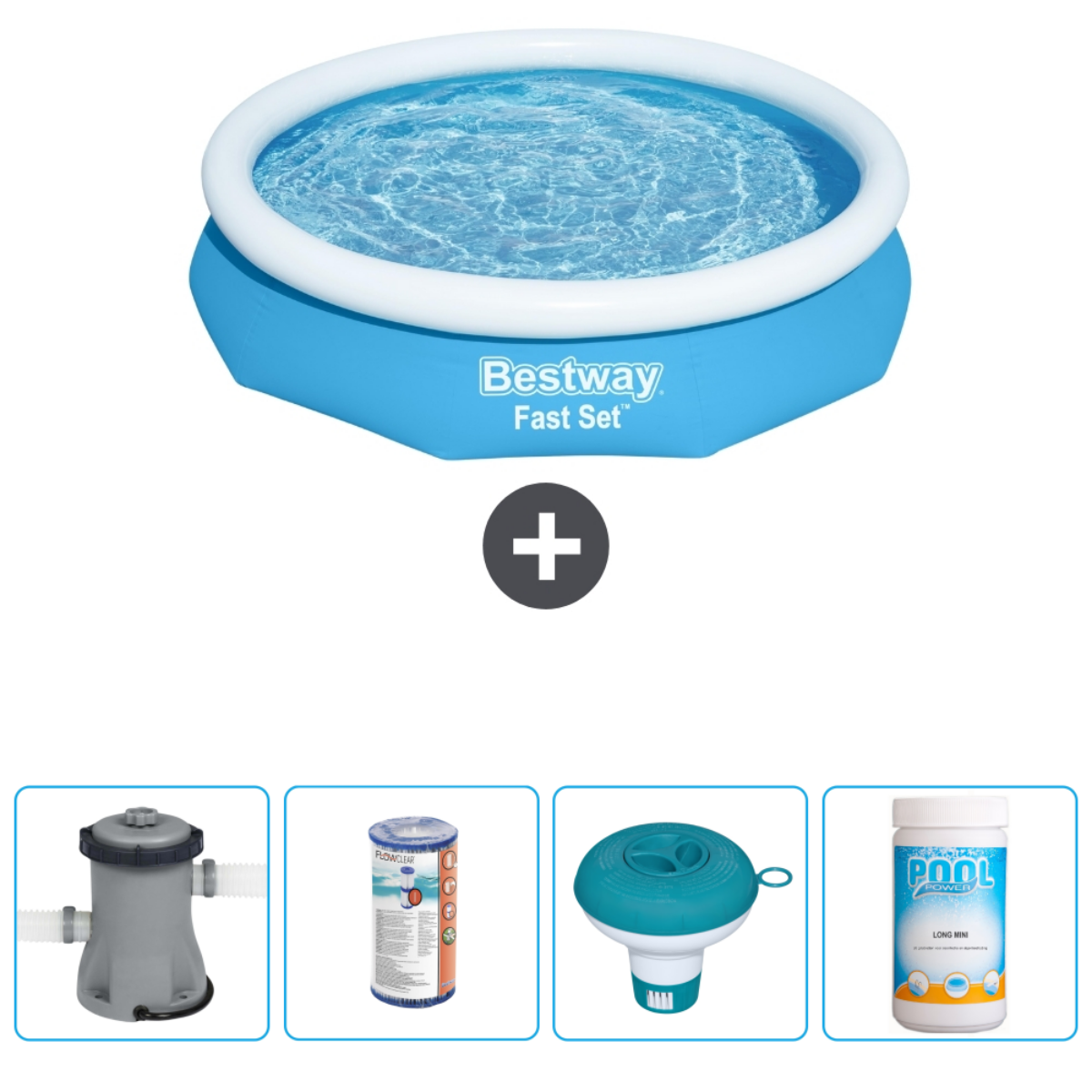 Piscine gonflable bleue avec filtre, produits chimiques et distributeur. Accessoires inclus.