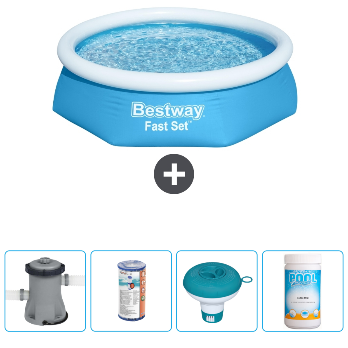Une piscine bleue avec des accessoires, dont une pompe, des produits chimiques et un flotteur. Le bleu et le blanc sont les couleurs principales.