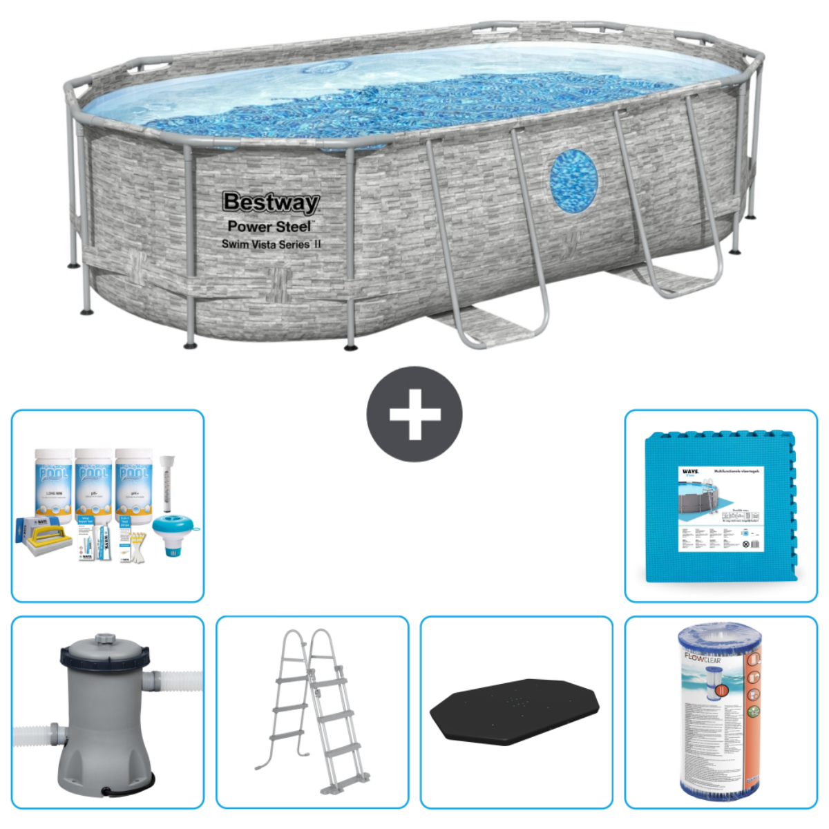 Grijs Bestway Power Steel Swim Vista zwembad met accessoires. Inclusief filter, ladder en chemicaliën.
