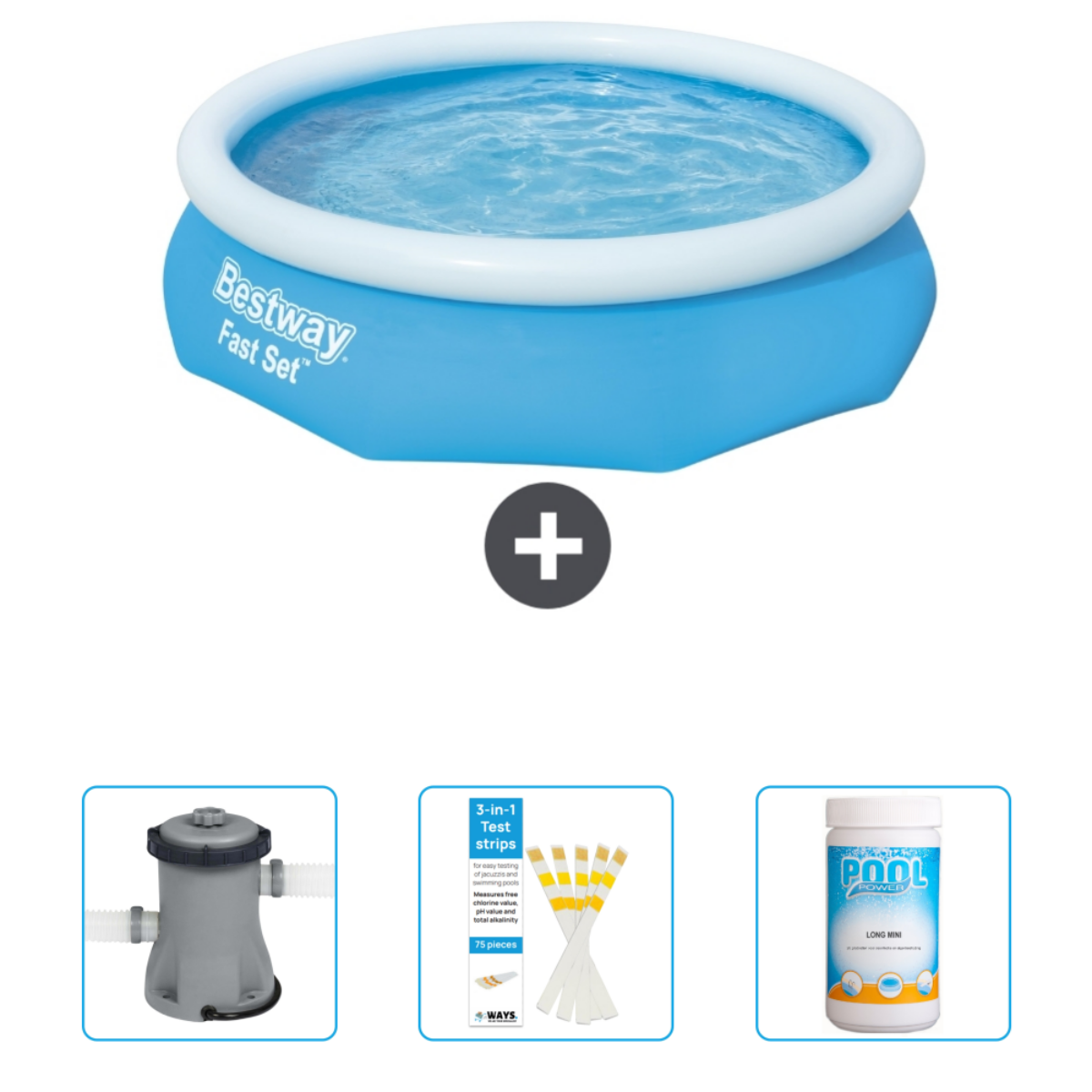 Blauer aufblasbarer Pool mit Zubehör wie Filter, Teststreifen und Chemikalien vor weißem Hintergrund.