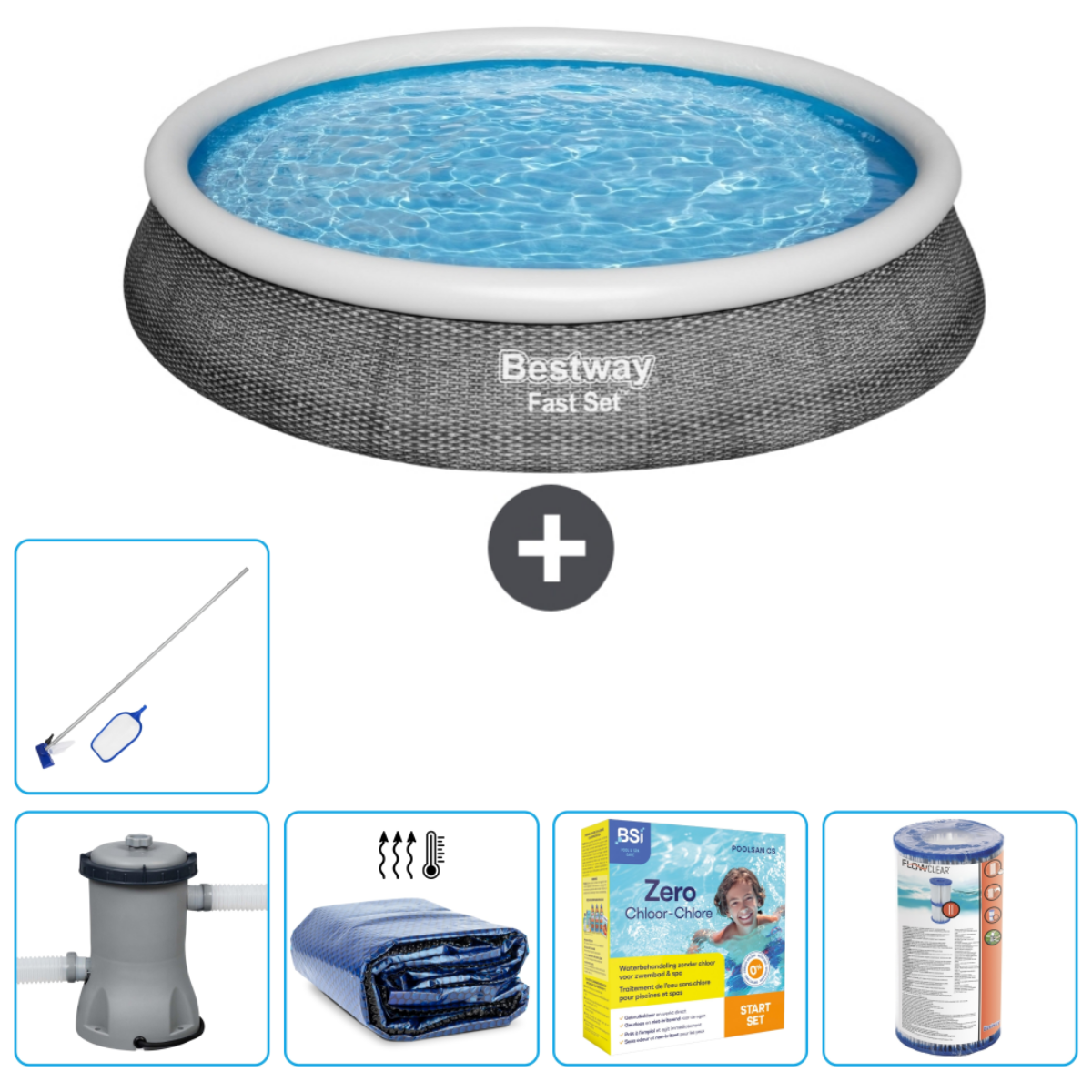 Piscine ronde Bestway Fast Set avec eau, accessoires : filet, pompe, bâche, produits chimiques, filtre.
