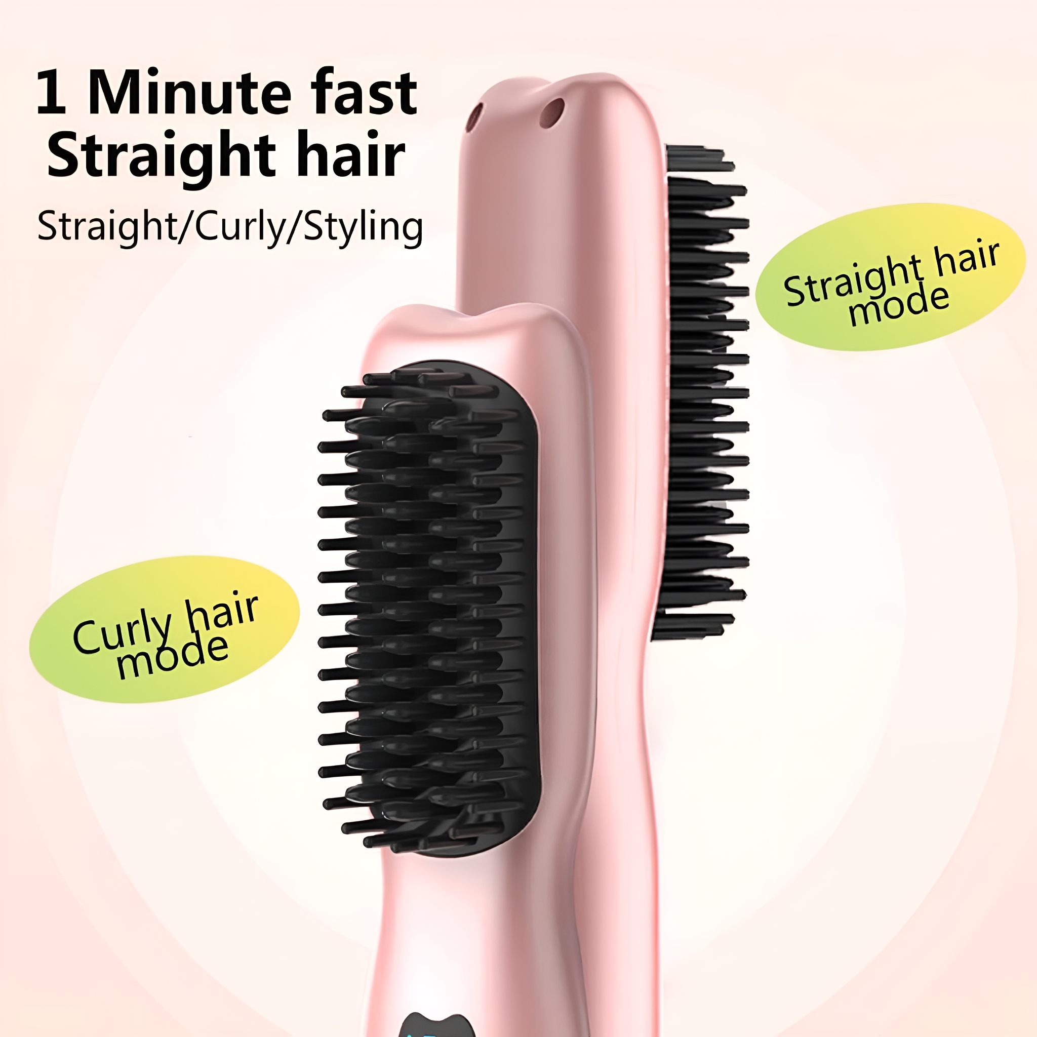 Zwei rosa Haarglätter mit beschrifteten Haarmodi, auf hellem Hintergrund.