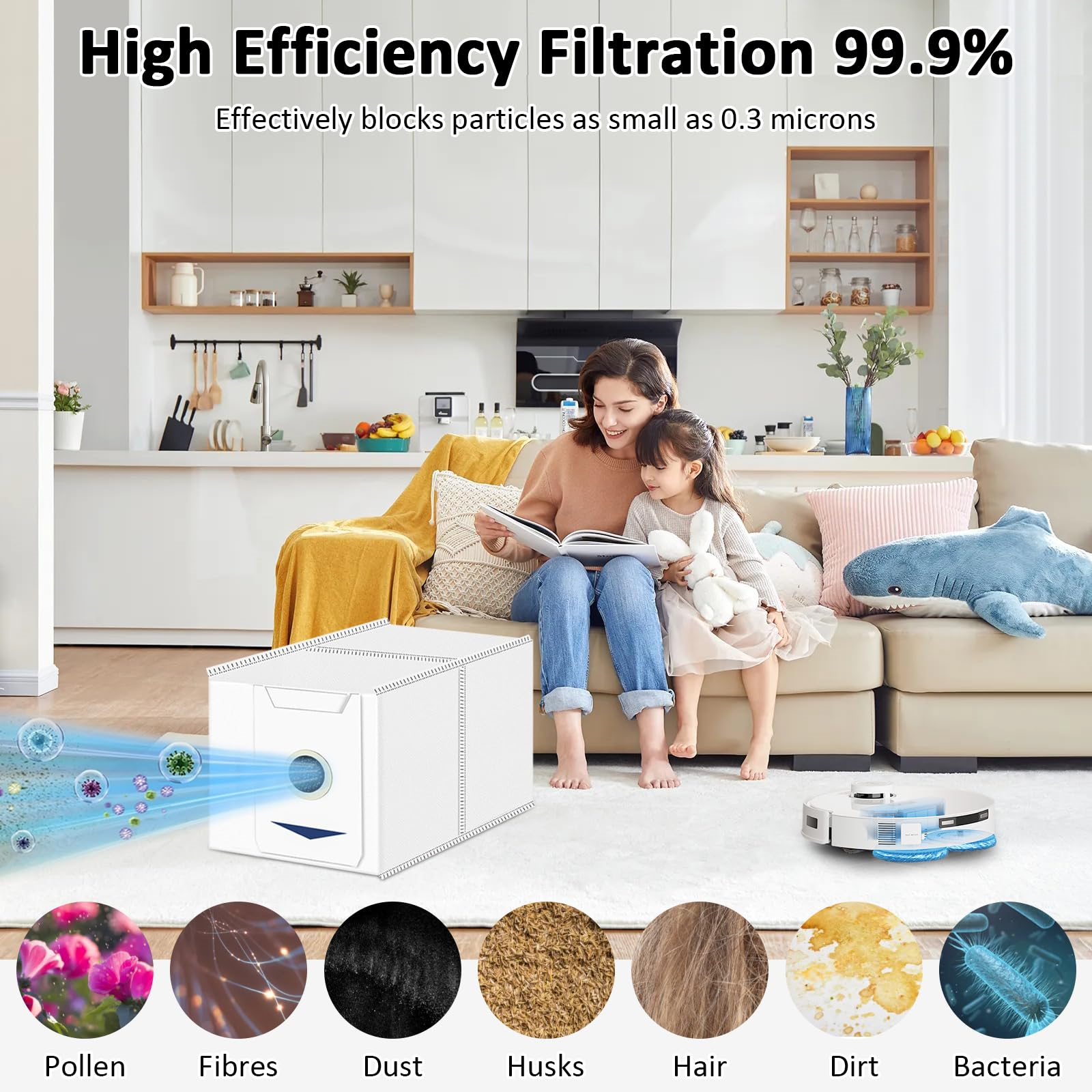 Frau und Kind neben Luftfilter. Filter entfernt Pollen, Staub, Fasern, Haare, Schmutz und Bakterien.
