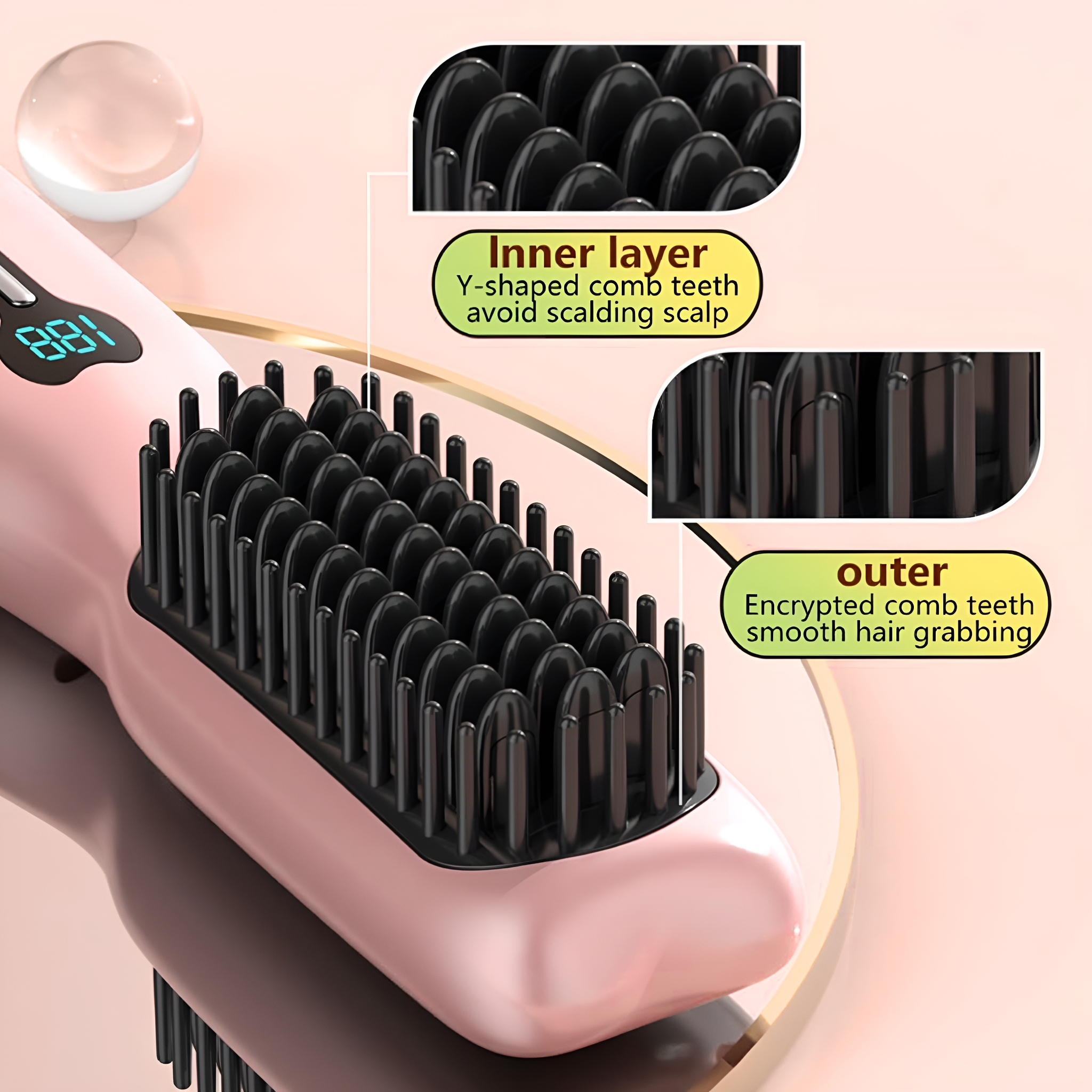 Pinke Haarglättungsbürste mit schwarzen Borsten. Die Bürste hat Innen- und Außenschichten.