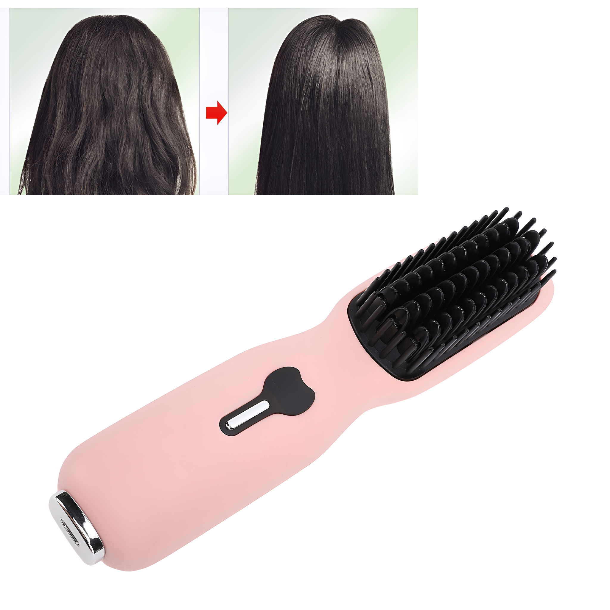 Eine elektrische Haarglättungsbürste. Sie zeigt Vorher-Nachher-Bilder des Glättens der Haare.