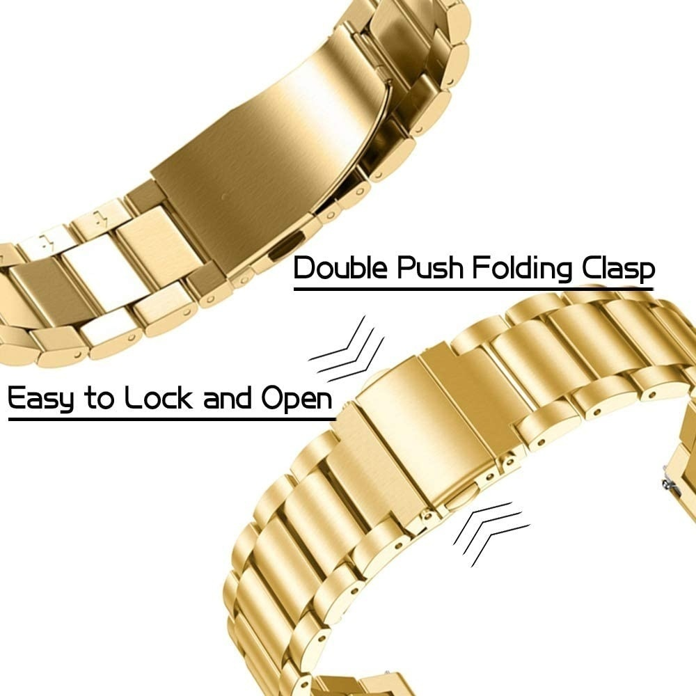 Goldenes Uhrenarmband mit doppeltem Faltschloss, beschriftet und Pfeile zeigen Verriegelung.
