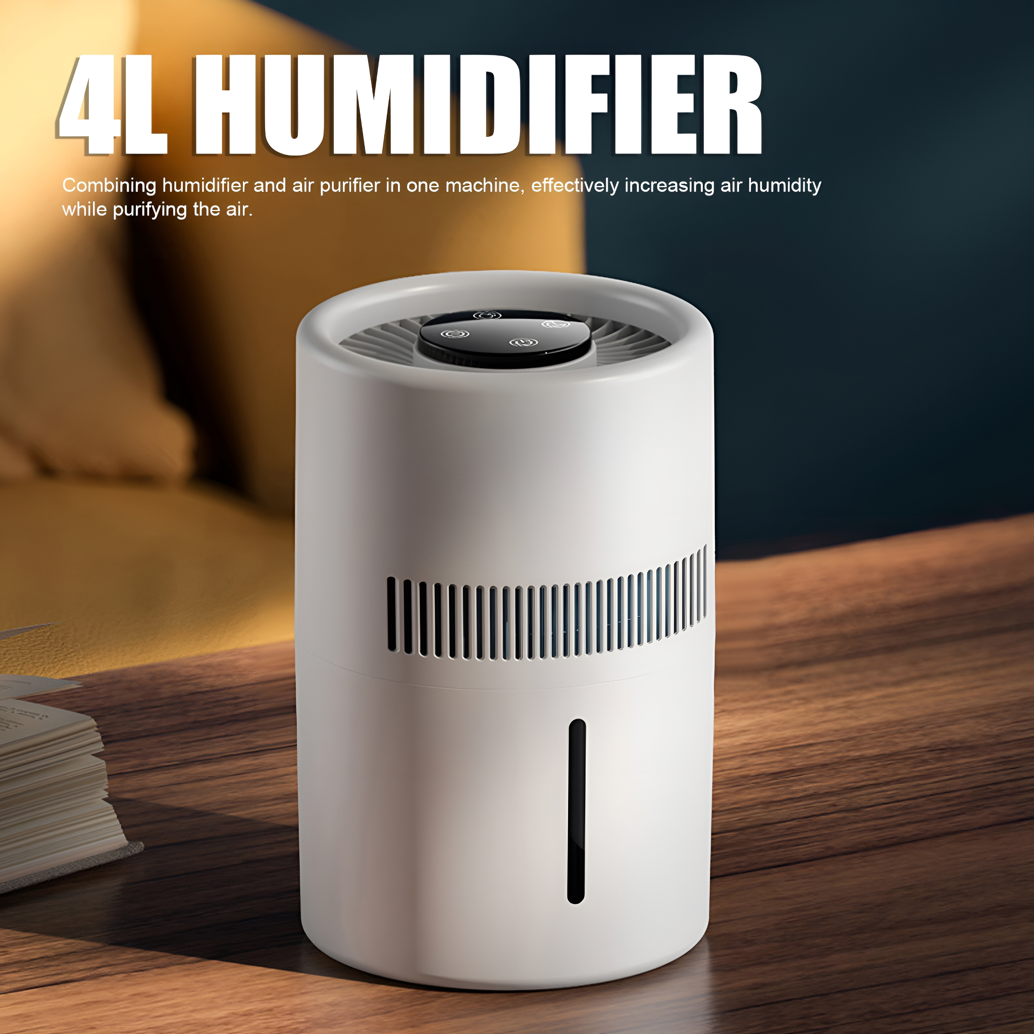 Weißer Luftbefeuchter auf einem Holztisch, im Hintergrund eine gelbe Couch. Text lautet '4L HUMIDIFIER'.